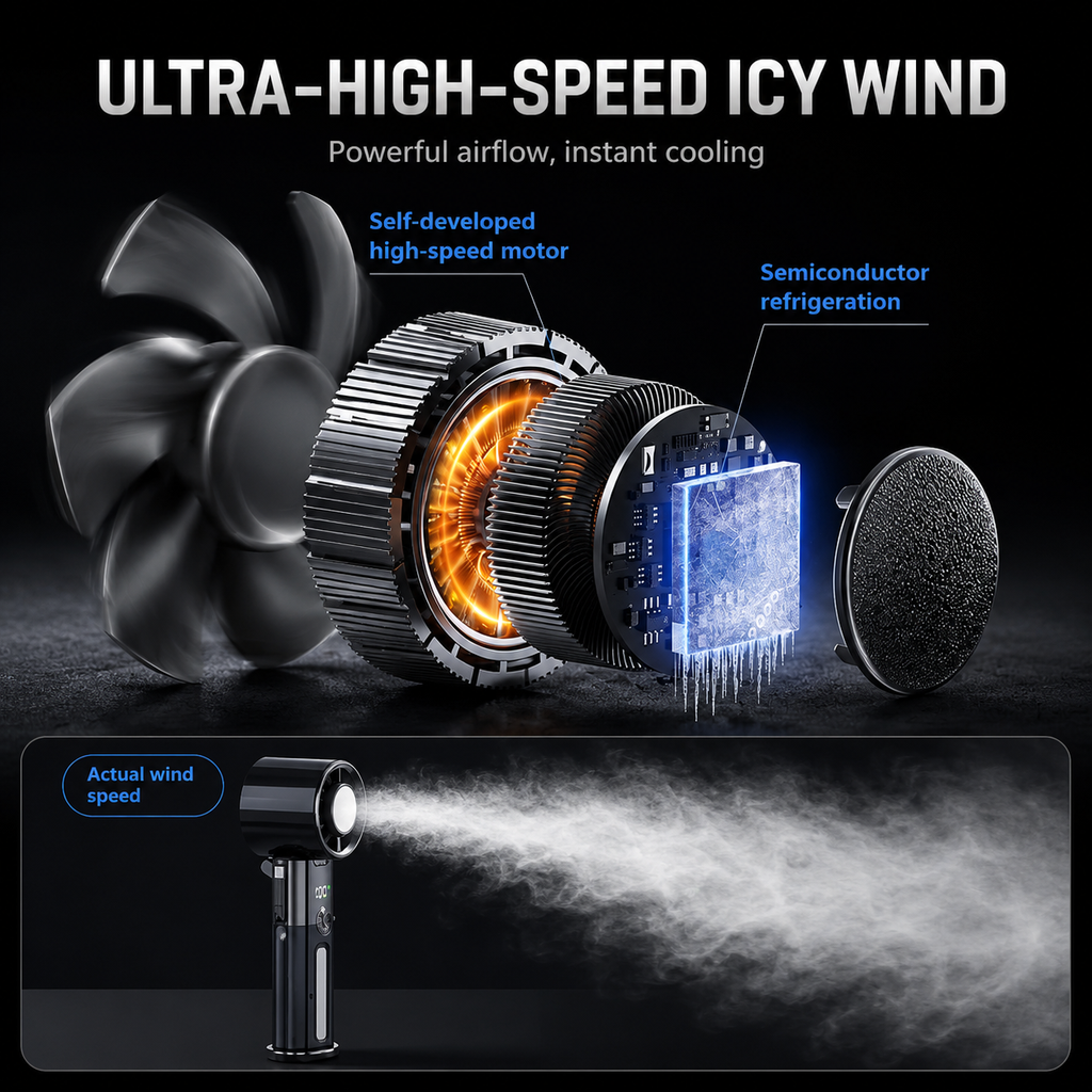 AIRO 6000mAh Handheld Cooling Fan & Power Bank, Portable Rechargeable Turbo Fan with Semiconductor Ice Cooling Plate