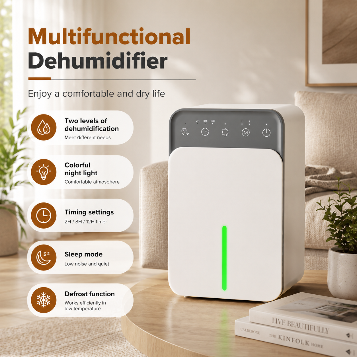 AIRO bedroom dehumidifier with 6 8 10 hour timer control
Quiet dehumidifier for night-time use with colourful breathing light