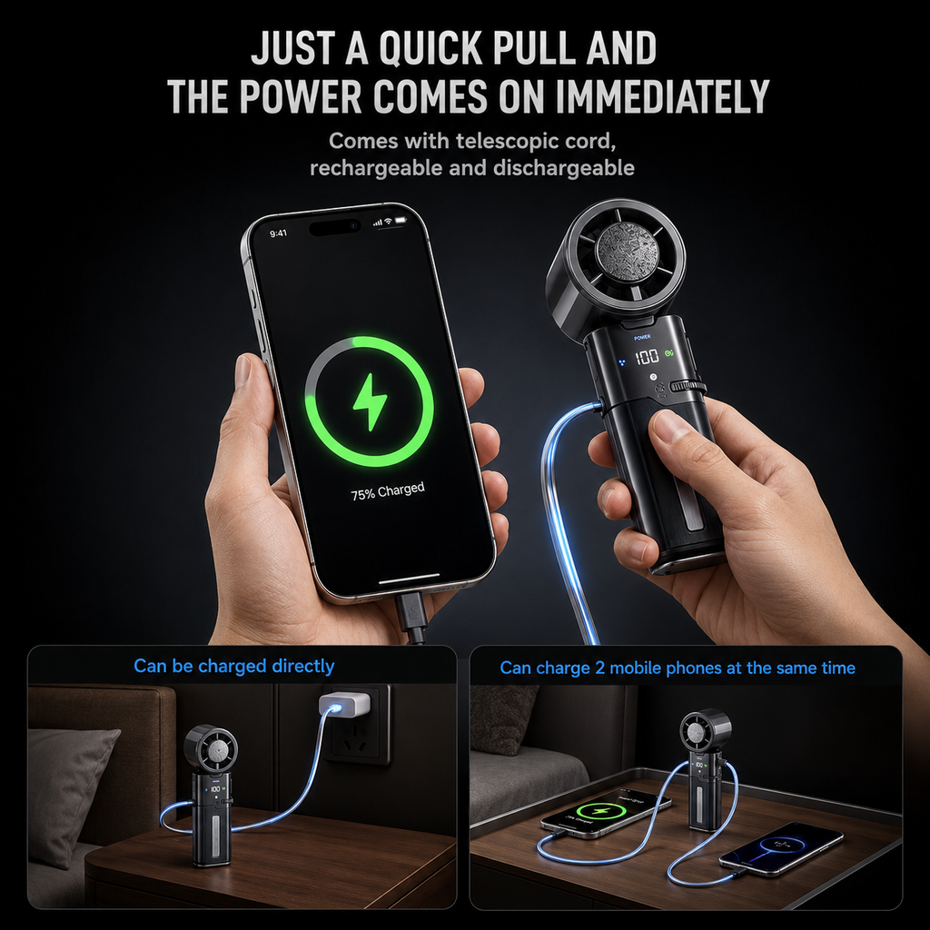 AIRO 6000mAh Handheld Cooling Fan & Power Bank, Portable Rechargeable Turbo Fan with Semiconductor Ice Cooling Plate