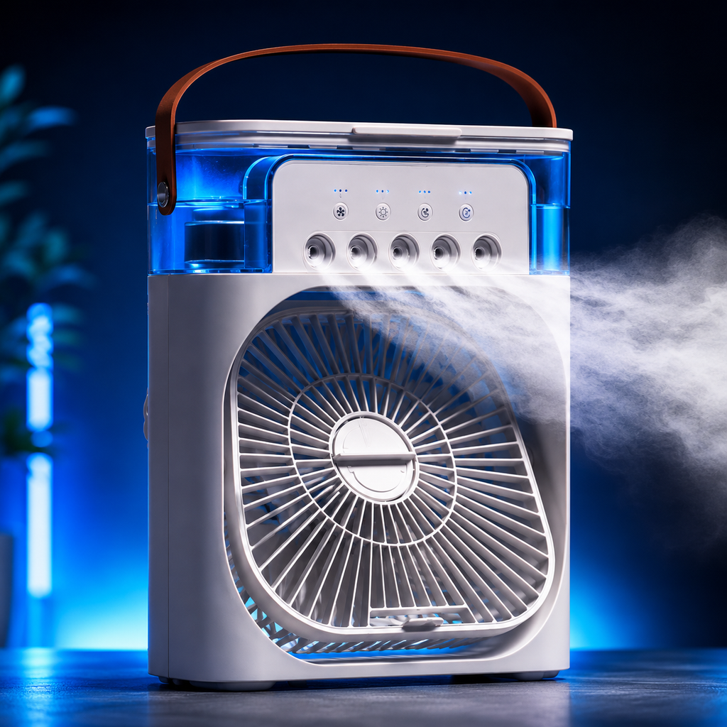 AIRO portable air cooler fan with 600ml water tank and cool mist airflow
USB desk cooling fan with humidifier mist and 3 speed airflow