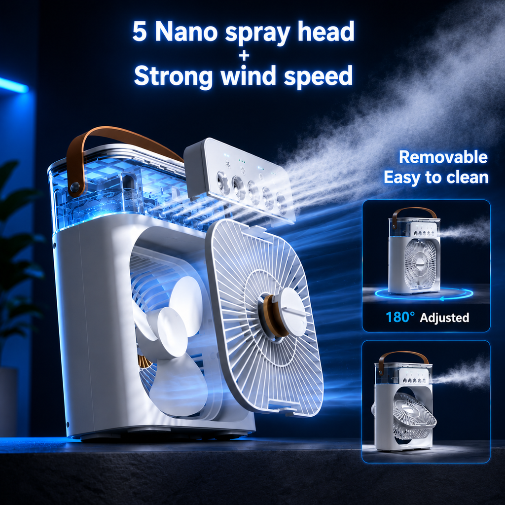 AIRO USB fan with water tank for personal cooling and humidifying
Mini evaporative air cooler with 600ml tank and quiet brushless motor