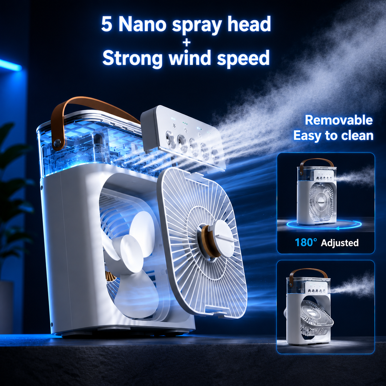 AIRO USB fan with water tank for personal cooling and humidifying
Mini evaporative air cooler with 600ml tank and quiet brushless motor