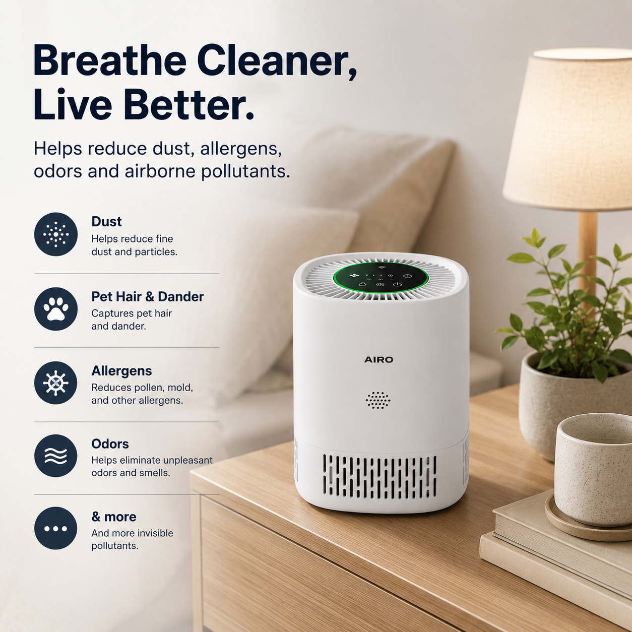 AIRO HEPA 13 Air Purifier for Home, Pets, Dust, Smoke & Odours, Quiet Bedroom Air Cleaner with Activated Carbon & UV-C