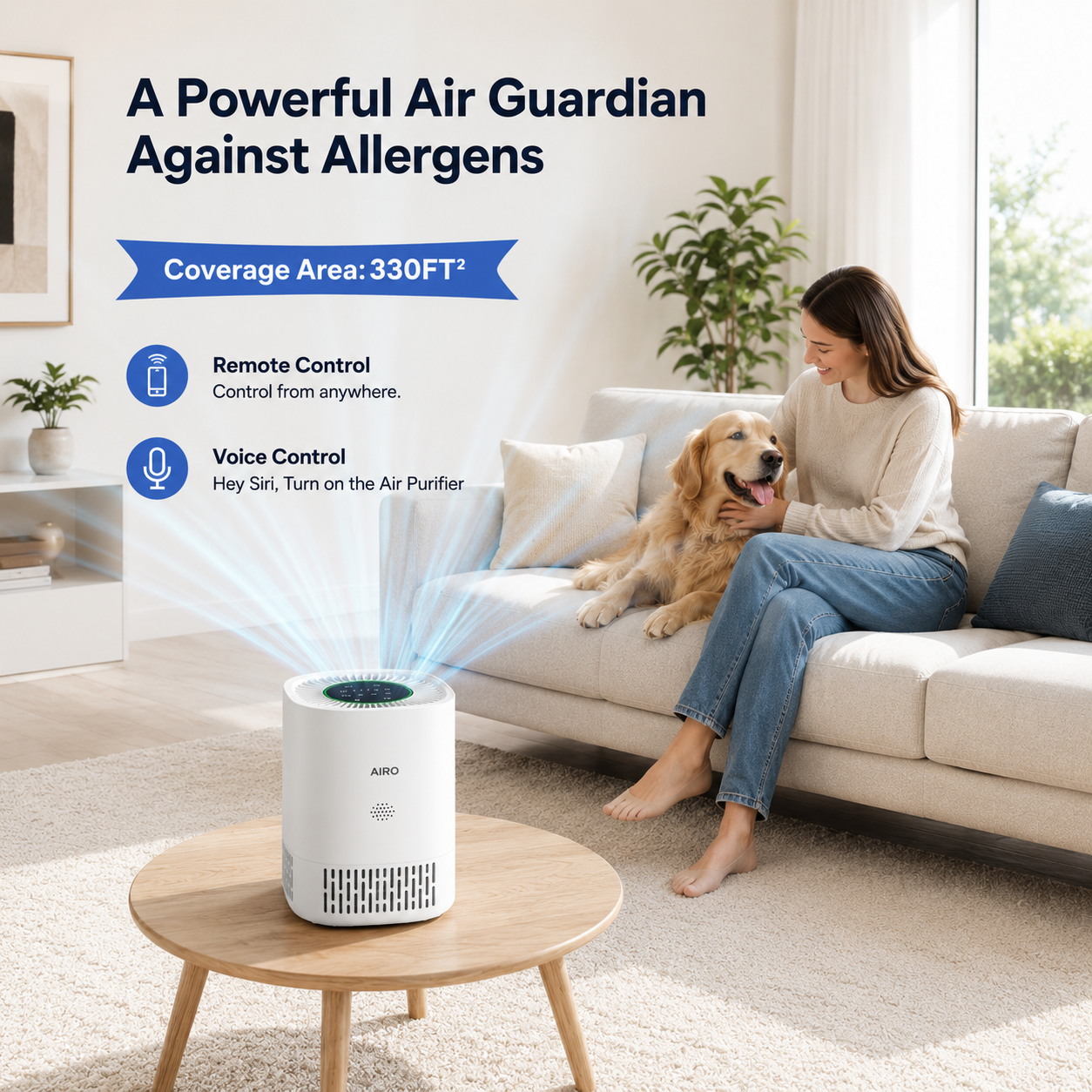 AIRO HEPA 13 Air Purifier for Home, Pets, Dust, Smoke & Odours, Quiet Bedroom Air Cleaner with Activated Carbon & UV-C