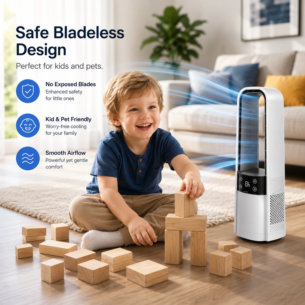 AIRO Rechargeable Bladeless Desk Fan, Portable USB Quiet Tower Fan for Bedroom, Office, Camping & Home, 120° Oscillating, 4000mAh Battery