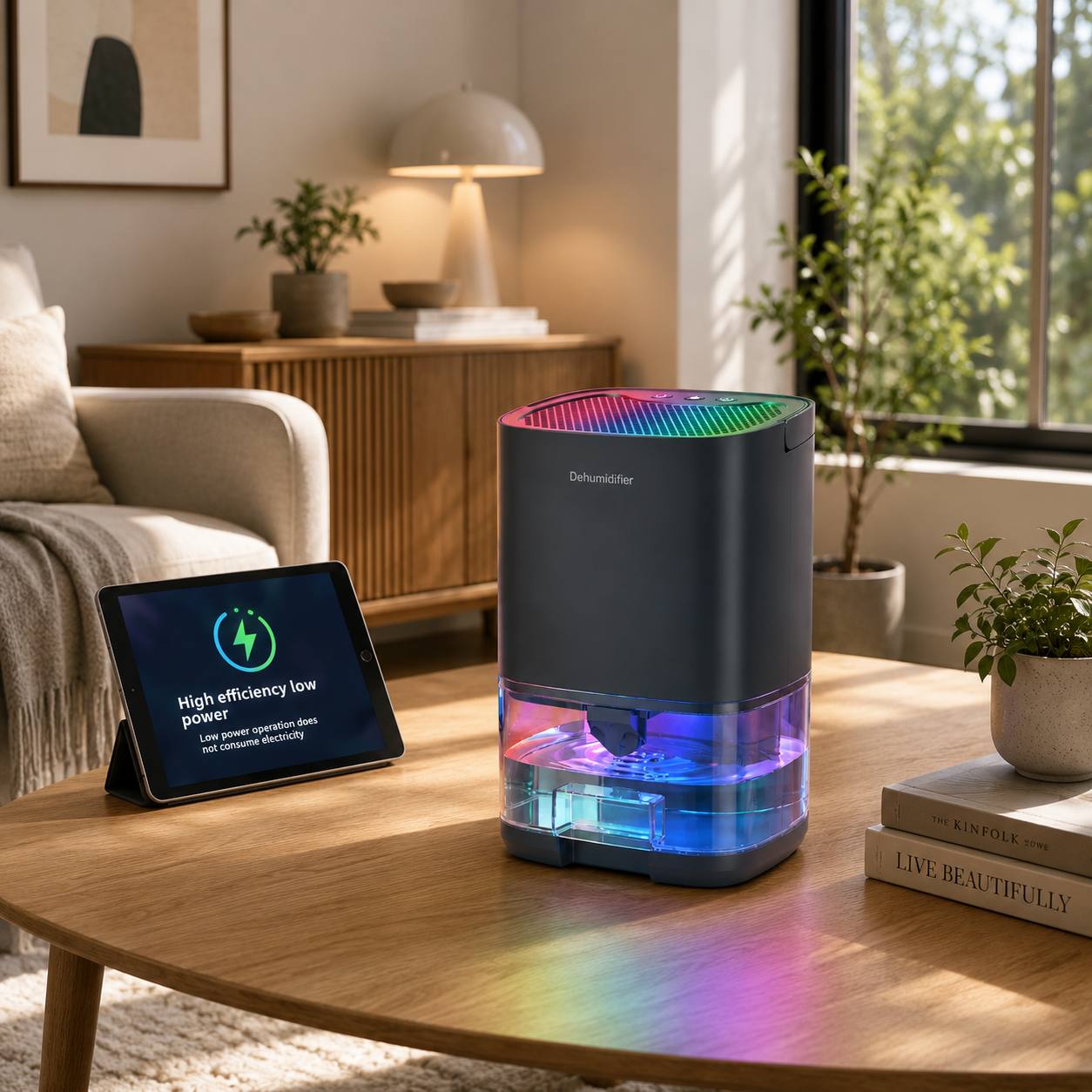 AIRO small room dehumidifier with quiet sleep mode below 40dB
Mini electric dehumidifier with 7 colour LED night light and auto shut off