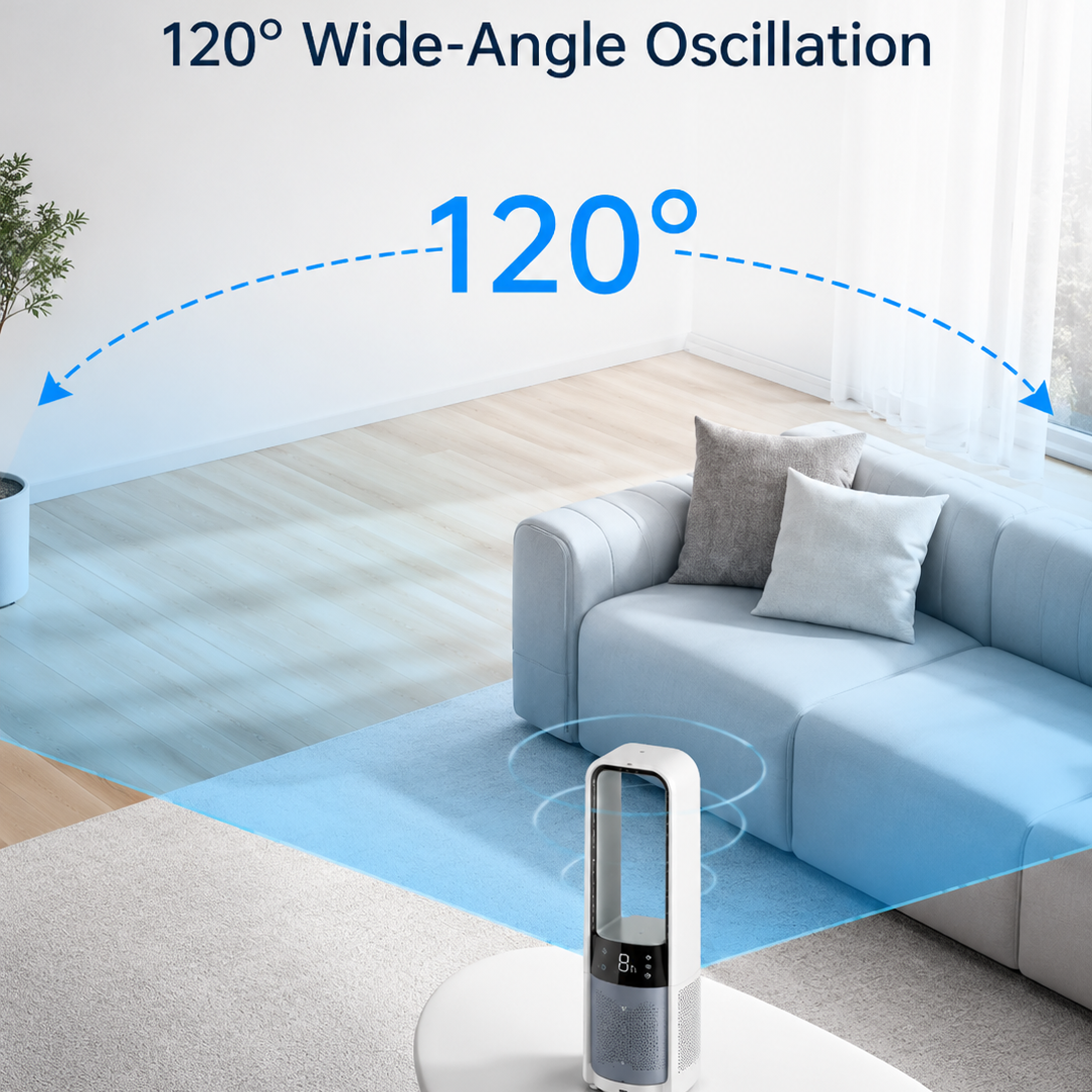 AIRO Rechargeable Bladeless Desk Fan, Portable USB Quiet Tower Fan for Bedroom, Office, Camping & Home, 120° Oscillating, 4000mAh Battery
