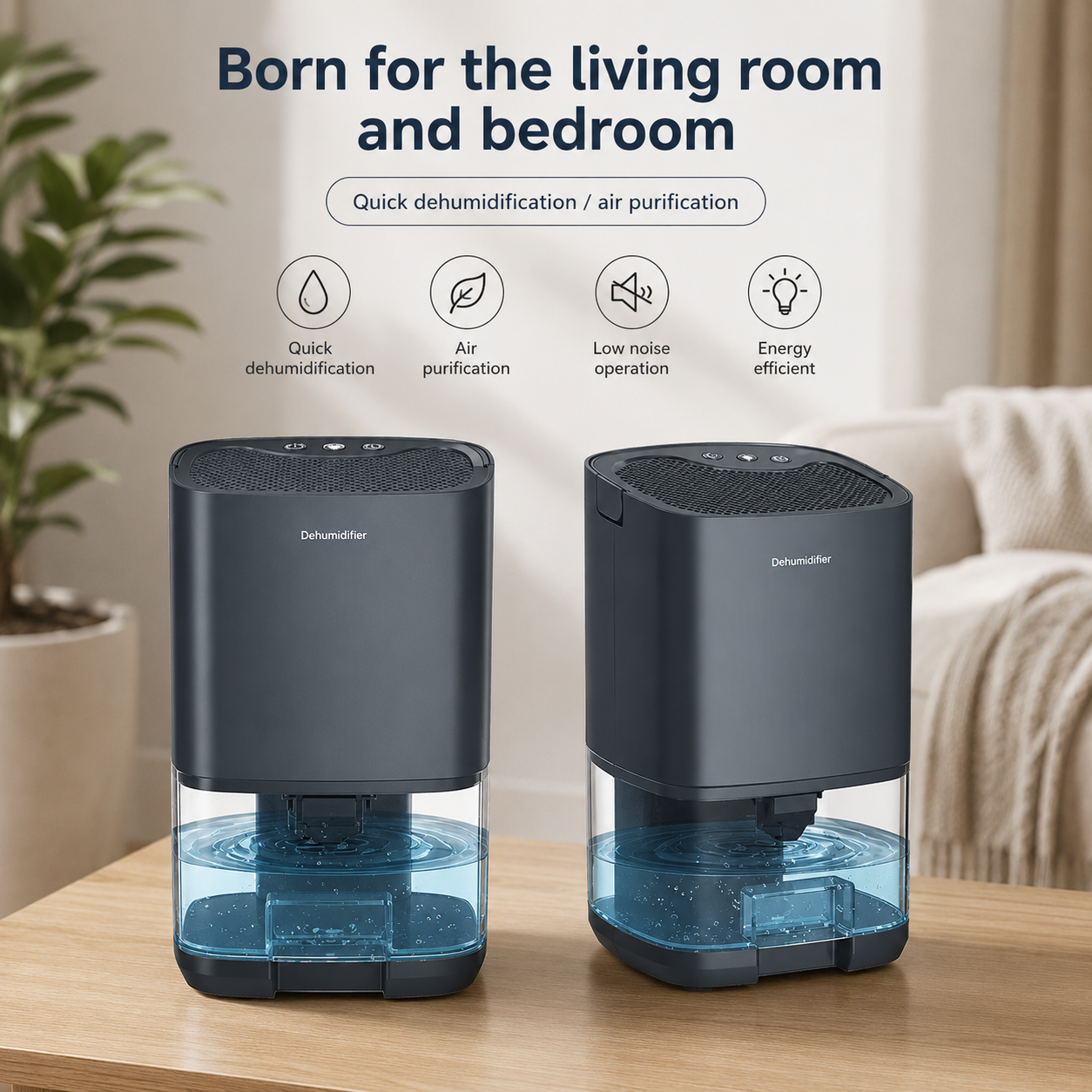 Quiet dehumidifier for night-time use with colourful LED light
AIRO compact moisture remover for small rooms wardrobes bathrooms and RVs