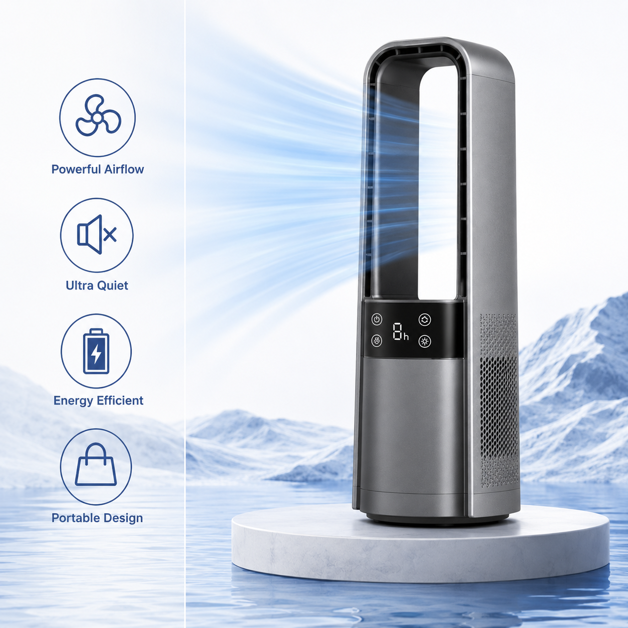 AIRO Rechargeable Bladeless Desk Fan, Portable USB Quiet Tower Fan for Bedroom, Office, Camping & Home, 120° Oscillating, 4000mAh Battery