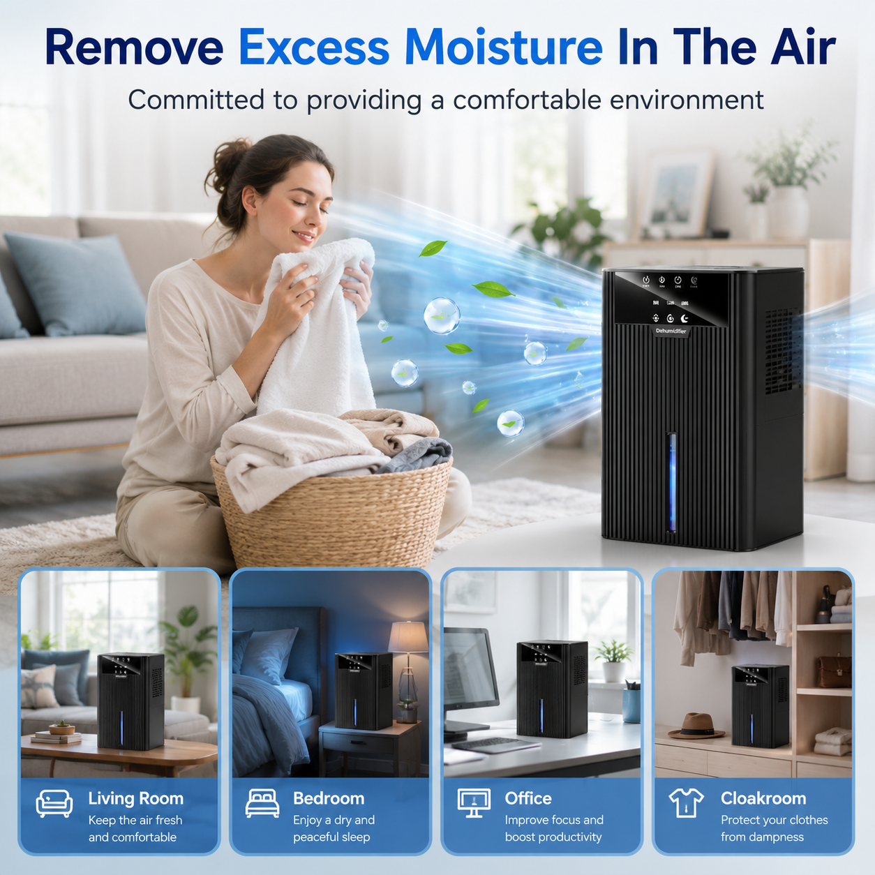 AIRO 2.2L Electric Dehumidifier for Bedroom, Bathroom, Wardrobe, RV & Office, Quiet Damp, Mould & Condensation Remover with Auto Shut-Off