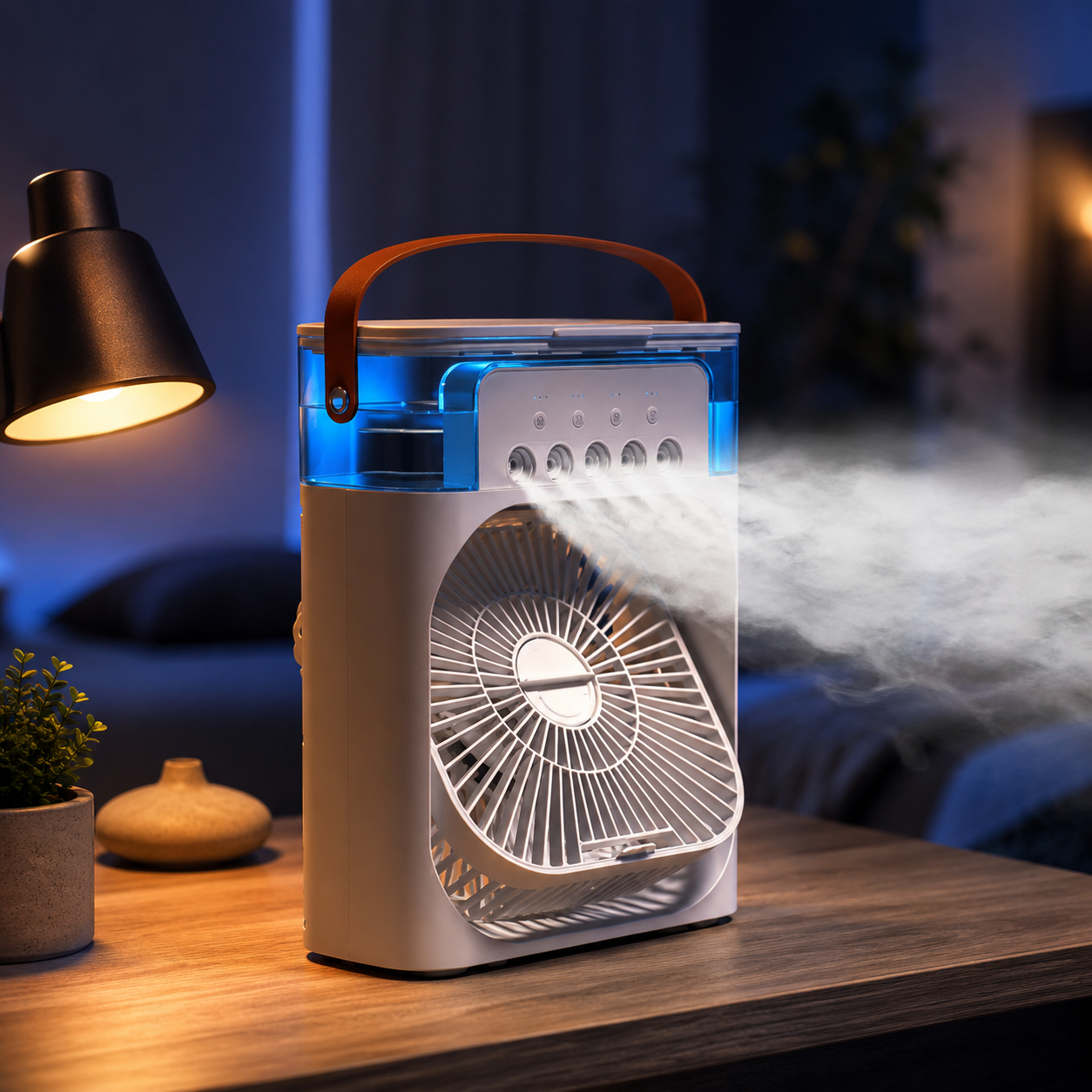 AIRO cool mist fan for bedroom office desk and home use
Portable air cooler fan with five hole spray and 7 colour night light